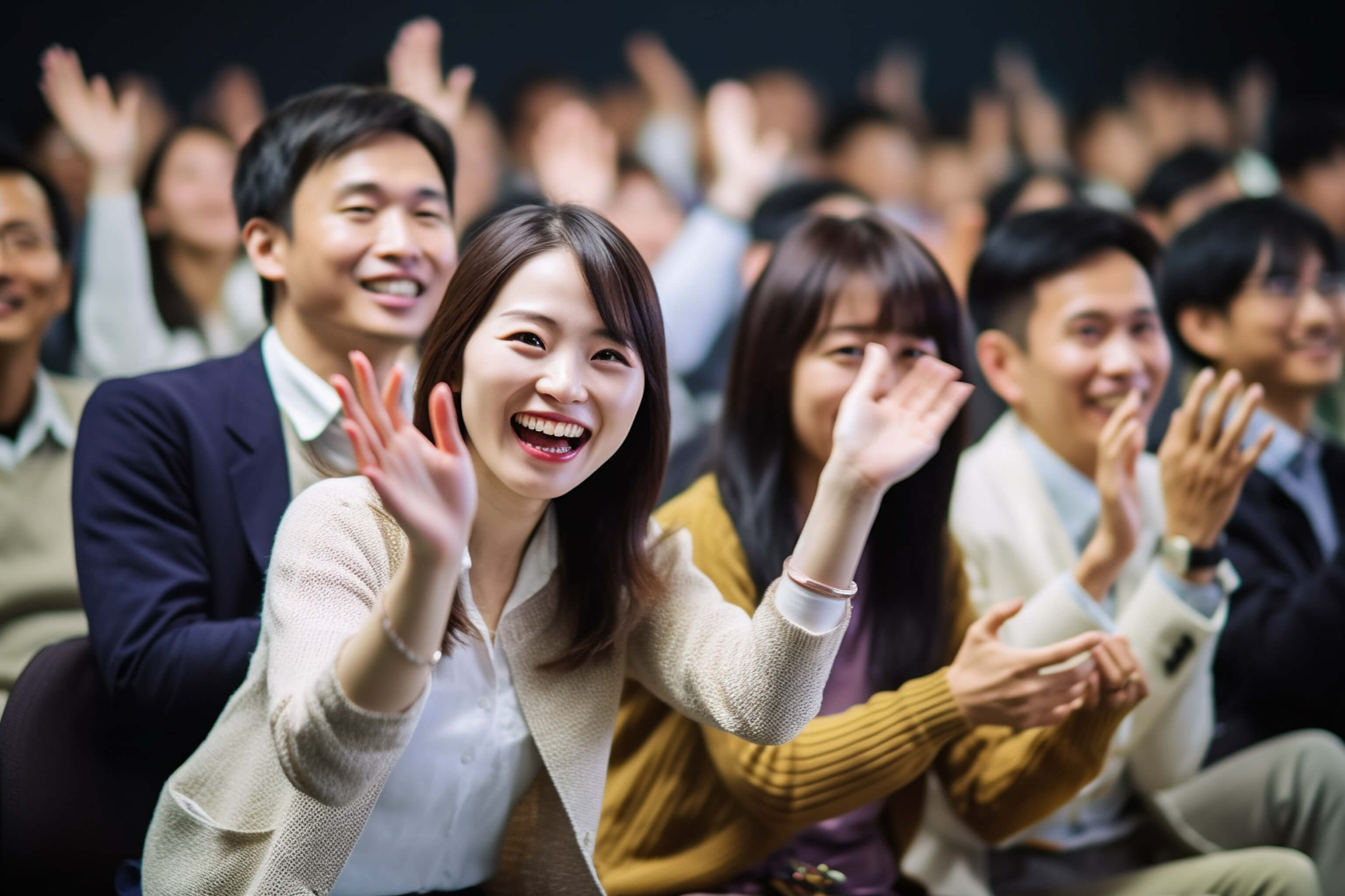 喜び合う人々の様子
